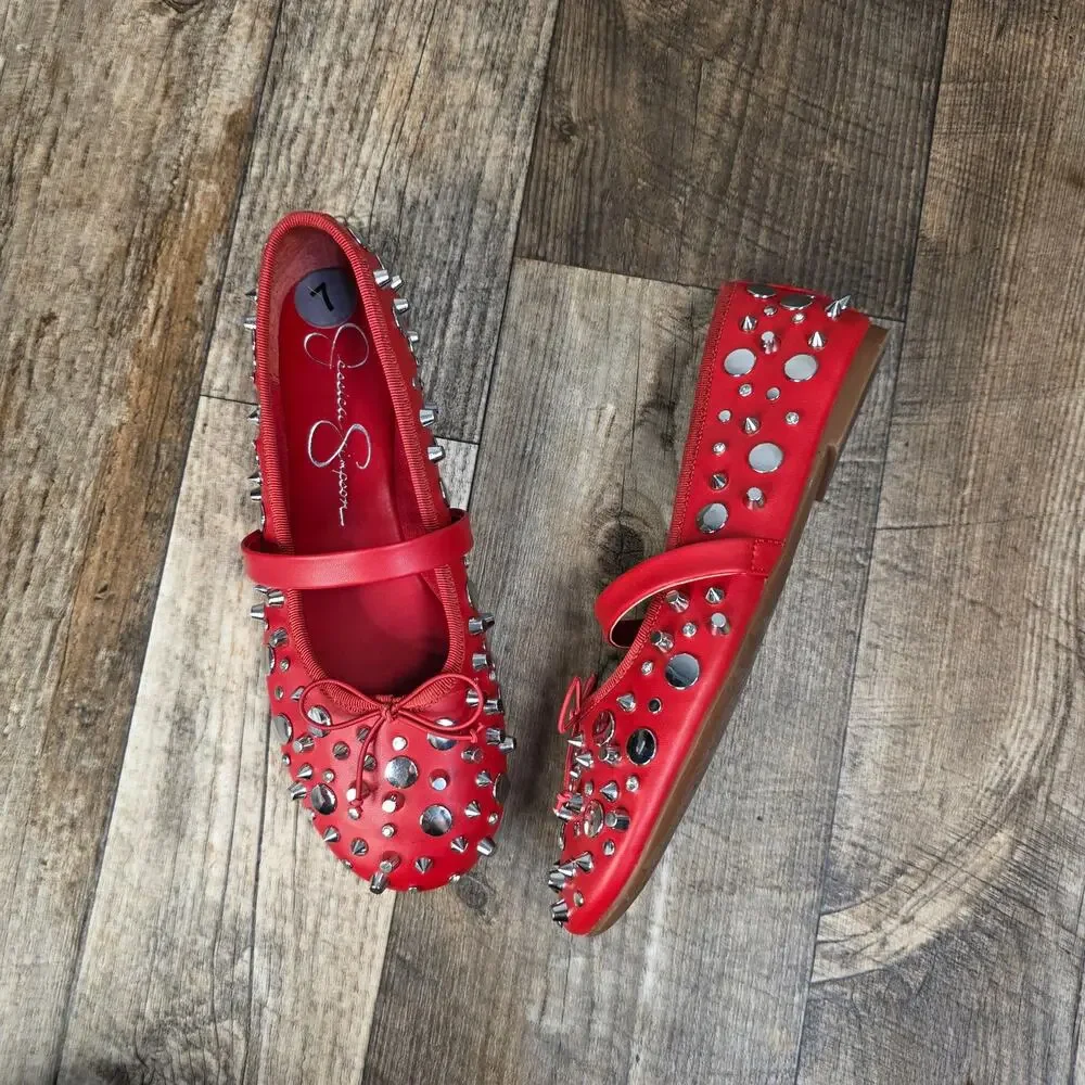 Jessica Simpson Studded Ballet Flats Red Mary Jane Spike Rhinestone Shoes Size 7